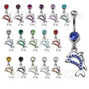 j611mel steel belly ring w dangling crystal studded twin dolphin belly piercing