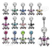 j61320 steel belly ring w dangling crystal studded skull crossed belly piercing