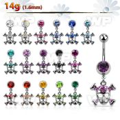 j61320 steel belly ring w dangling crystal studded skull crossed belly piercing