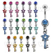 j613r2n steel belly ring w dangling star key design crystals leng belly piercing