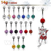j616rs steel belly ring w dangling crystal studded cute cat leng belly piercing