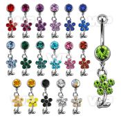 j61dbes steel belly ring w dangling crystal flower length 10mm belly piercing