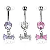 j61g0pt steel belly ring w dangling dangling prong set cz bow belly piercing