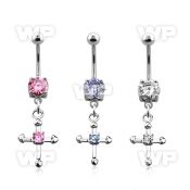 j61ge03 steel belly ring w dangling small dangling cross tiny belly piercing