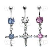 j61ge0 steel belly ring w dangling crosscentral round cz stone belly piercing