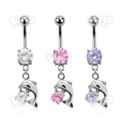 j61gl steel belly ring w dangling dolphin round prongset cz sto belly piercing