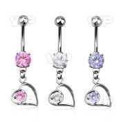 j61gyy steel belly ring w dangling lying heart shape round cz belly piercing