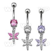j61gz09 steel belly ring w dangling dangling butterfly cz stone belly piercing