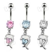 j61gzpp steel belly ring w dangling dangling dolphin design cz belly piercing