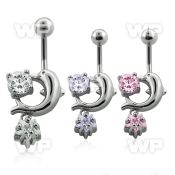 j61gzt0 steel belly ring lower dolphin round prong set cz stone belly piercing