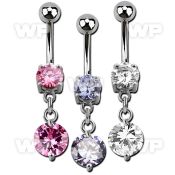 j61gztz steel belly ring w dangling twin prong set 10mm cz stone belly piercing