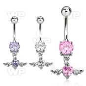 j61gzyl steel belly ring w dangling heart shaped cz stone wings belly piercing