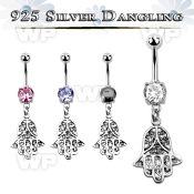 j61q1e0 steel belly ring w dangling silver 925 hamsa belly piercing