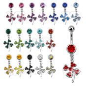 j61s0e steel belly ring w dangling crystal studded shamrock leaf belly piercing