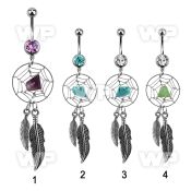 j61sks steel belly ring w dangling dreamcatchercentral stone belly piercing