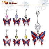 j61spyf steel belly ring w dangling dangling butterfly in color belly piercing