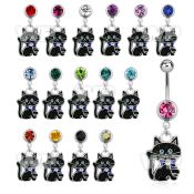 j61spz steel belly ring w dangling black cat designcrystal on belly piercing