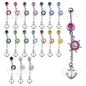 j61sylf steel belly ring w dangling crystal ship wheel anchor belly piercing