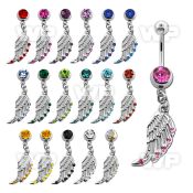 j61syt steel belly ring w dangling bird wing design crystals on belly piercing