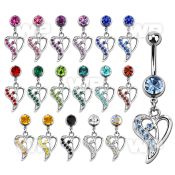 j61xa6k steel belly ring w dangling heart design crystals on one belly piercing