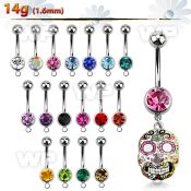 j61y00 steel belly ring w dangling painted sugar skull length belly piercing