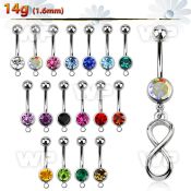 j61yk0 steel belly ring w 8mm jewel ball horizontally dangling belly piercing