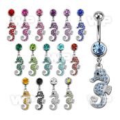 j61yl0 steel belly ring w dangling crystal studded sea horse len belly piercing