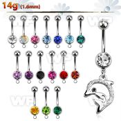 j61ylk steel belly ring w dangling crystal studded dolphin lengt belly piercing