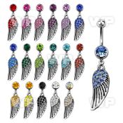 j61yplf steel belly ring w dangling crystal bird wing length 10mm belly piercing