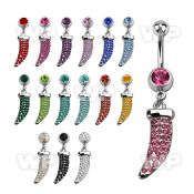 j61yt0 steel belly ring w dangling crystal studded tiger tooth belly piercing