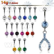 j61yy9 steel belly ring w dangling crystal studded wish bone des belly piercing