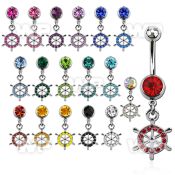 j61yzz steel belly ring w dangling crystal studded ship wheel belly piercing