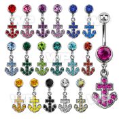 j61z9e steel belly ring w dangling crystal studded anchor length belly piercing