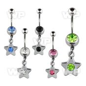 j61z9t steel belly ring w dangling starsingle crystal in the cen belly piercing