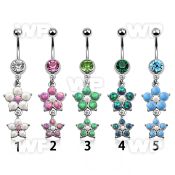 j65mdbel 316l steel belly ring w a dangling double crystal flower belly piercing