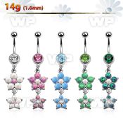 j65mdbel 316l steel belly ring w a dangling double crystal flower belly piercing