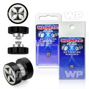 m2jm0e black steel magnetic fake plug iron cross logo size 8mm ear lobe piercing