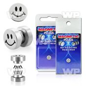 m2jms black steel magnetic fake plug smiley logo size 8mm ear lobe piercing