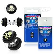 m2jmtp black magnetic fake plug white skull on black background belly piercing
