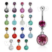 mcd738 316l steel belly banana w dangling multi crystal disk