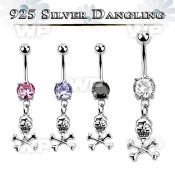 mcdvd28 steel belly banana w cz silver skull with crossed bones