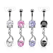 mcdz416 steel cz belly banana w dangling snap fit round cz 