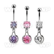 mcdz417 steel cz belly banana w round dangling w cz stone