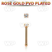 nbttzr2 rose gold  steel nose bone 20g w prong set clear 2mm cz