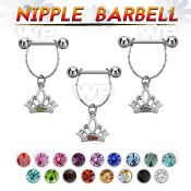 npdl15 steel nipple barbell w chain dangling crystal crown 