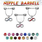 npdl16 steel nipple barbell w chain dangling infinity symbol