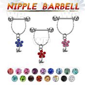 npdl19 steel nipple barbell w chain dangling crystal flower