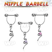 npdl20 steel nipple barbell w chain dangling swirl w cz 