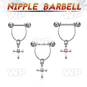 npdl21 steel nipple barbell w chain dangling cross w cz 