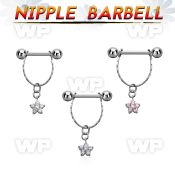 npdl22 steel nipple barbell w chain dangling small cz flower 